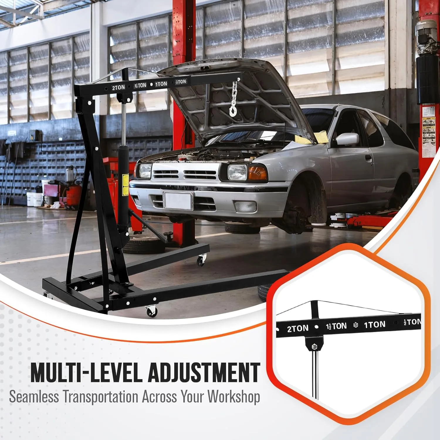 2 Ton Engine Hoist, 4400 LBS Heavy Duty Folding Hydraulic Cherry Picker Engine Crane with 6 Swivel Casters & Telescopic Boom Hitch for Garage, Workshop, Factory, Ports & Warehouses