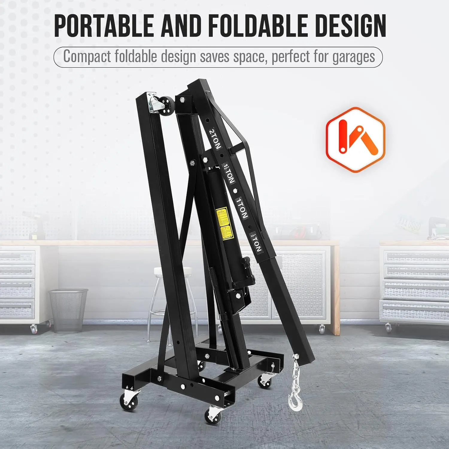 2 Ton Engine Hoist, 4400 LBS Heavy Duty Folding Hydraulic Cherry Picker Engine Crane with 6 Swivel Casters & Telescopic Boom Hitch for Garage, Workshop, Factory, Ports & Warehouses