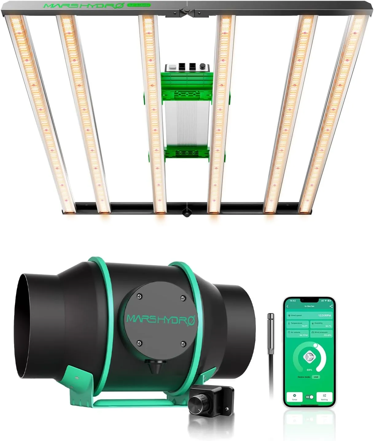 2024 New Version MARS HYDRO FC-E4800 Foldable LED Grow Light 4x4ft with iFresh 6 Inch Smart Inline Duct Fan with Variable Speed Controller