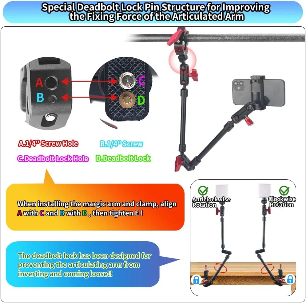 22" Magic Arm w Clamp Camera Mount, Adjustable Articulating Arm Friction Camera Boom Arm w 1/4" Thread, Overhead Camera Desk Phone Mount Clamp Stand for Tripod Light Webcam Mic Video Rig