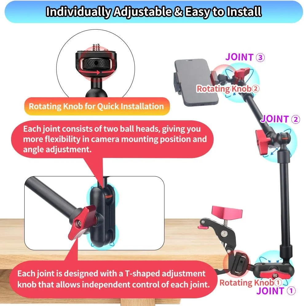 22" Magic Arm w Clamp Camera Mount, Adjustable Articulating Arm Friction Camera Boom Arm w 1/4" Thread, Overhead Camera Desk Phone Mount Clamp Stand for Tripod Light Webcam Mic Video Rig