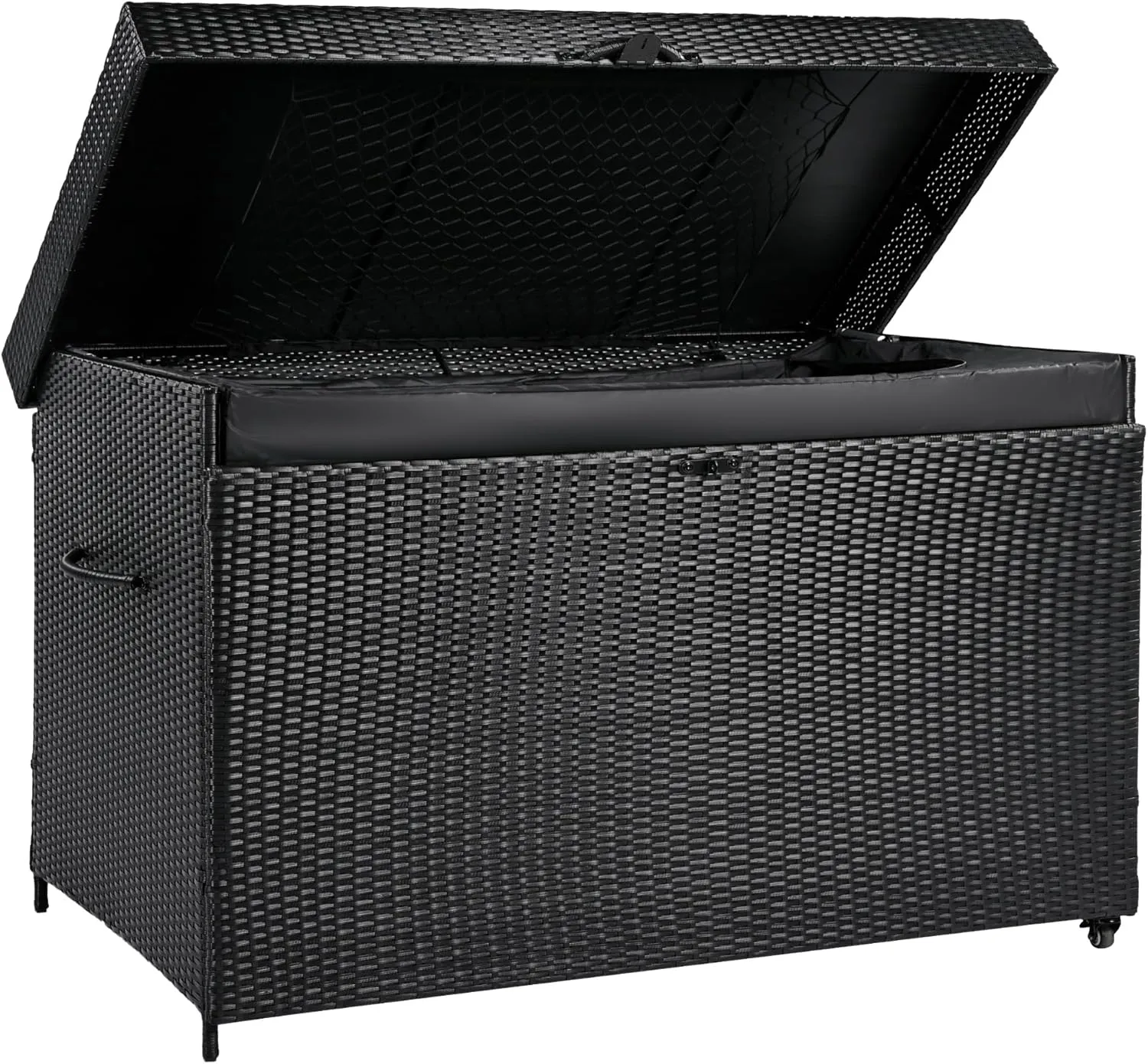 230-Gallon Wicker Deck Box with Wheels - All-Weather Rattan Storage Bin for Patio Furniture, Outdoor Cushions, Pool Toys & Garden Tools, Black