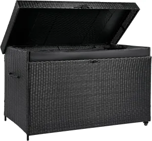 230-Gallon Wicker Deck Box with Wheels - All-Weather Rattan Storage Bin for Patio Furniture, Outdoor Cushions, Pool Toys & Garden Tools, Black