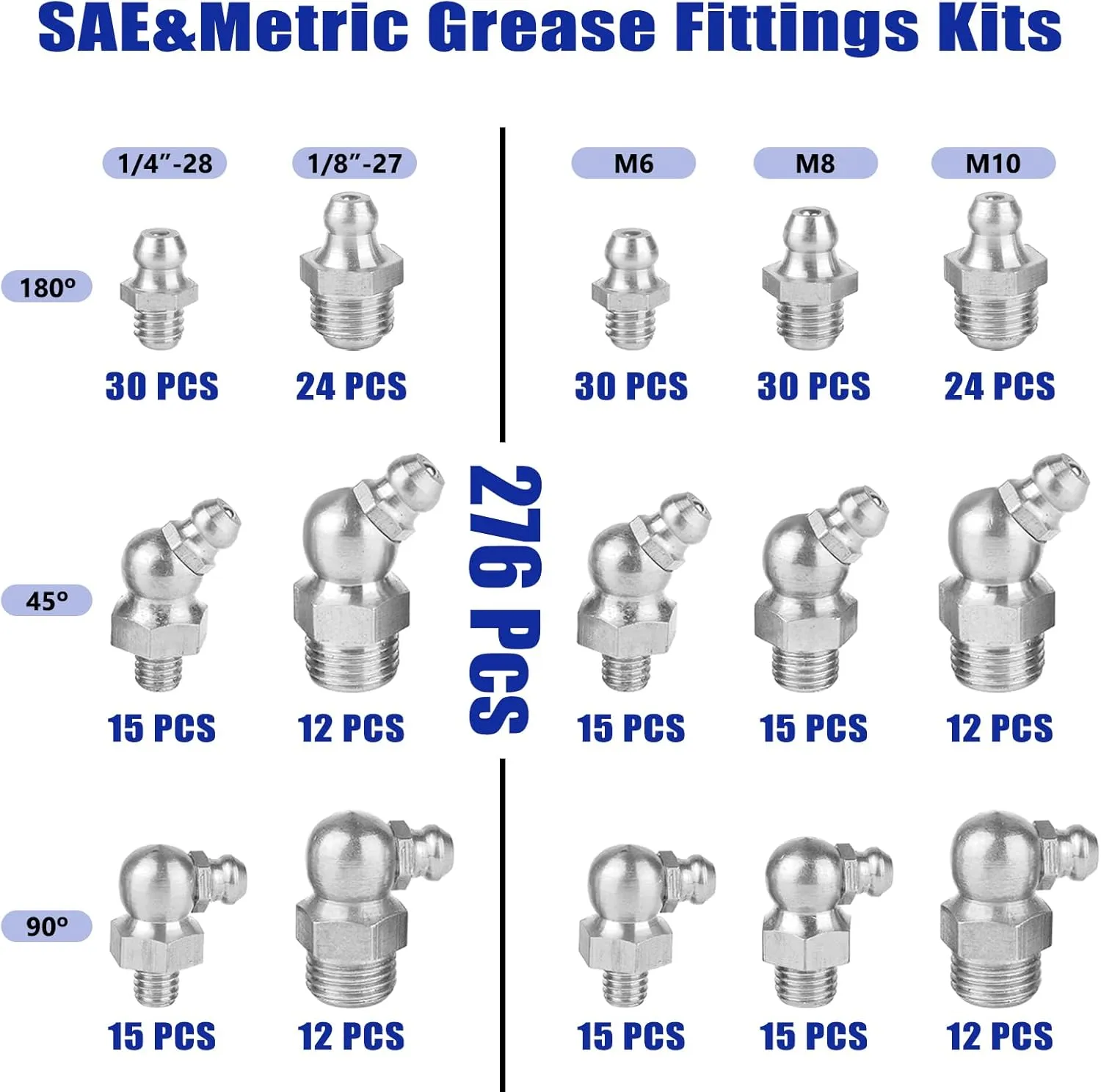 276 PCS SAE & Metric Grease Fittings Kit, Hydraulic Grease Zerks Fittings Standard with 1/4", 1/8" M6 M8 M10 Straight, 90 Degree, 45 Degree Angled