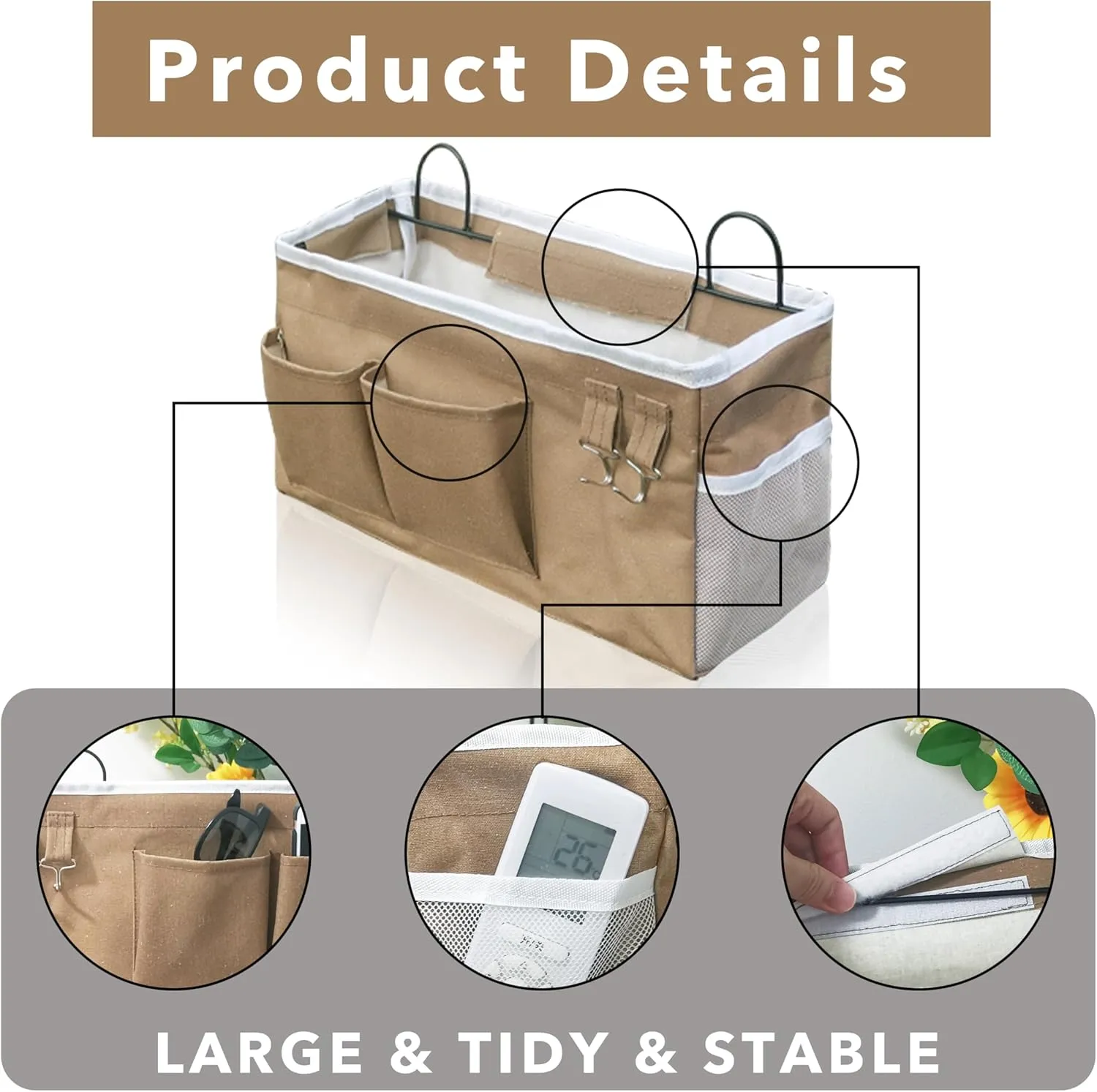 2pcs Large Wall Hanging Organizer Bag, Linen Fabric Door Hanging Storage Baskets with Pockets, Waterproof Bin for Kitchen, Bedroom, Office, RV Camper (Khaki)