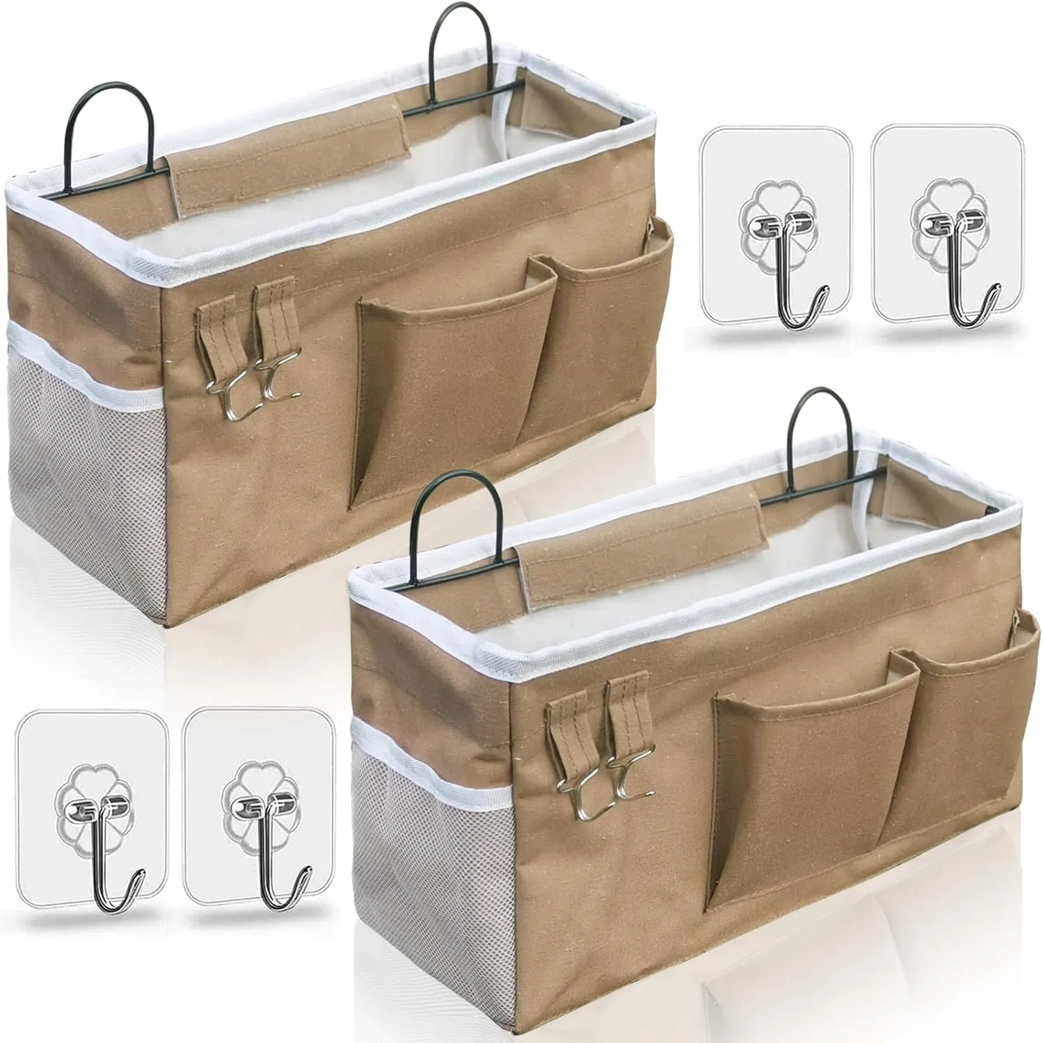 2pcs Large Wall Hanging Organizer Bag, Linen Fabric Door Hanging Storage Baskets with Pockets, Waterproof Bin for Kitchen, Bedroom, Office, RV Camper (Khaki)