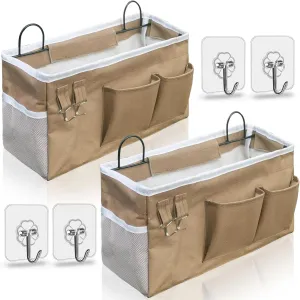 2pcs Large Wall Hanging Organizer Bag, Linen Fabric Door Hanging Storage Baskets with Pockets, Waterproof Bin for Kitchen, Bedroom, Office, RV Camper (Khaki)