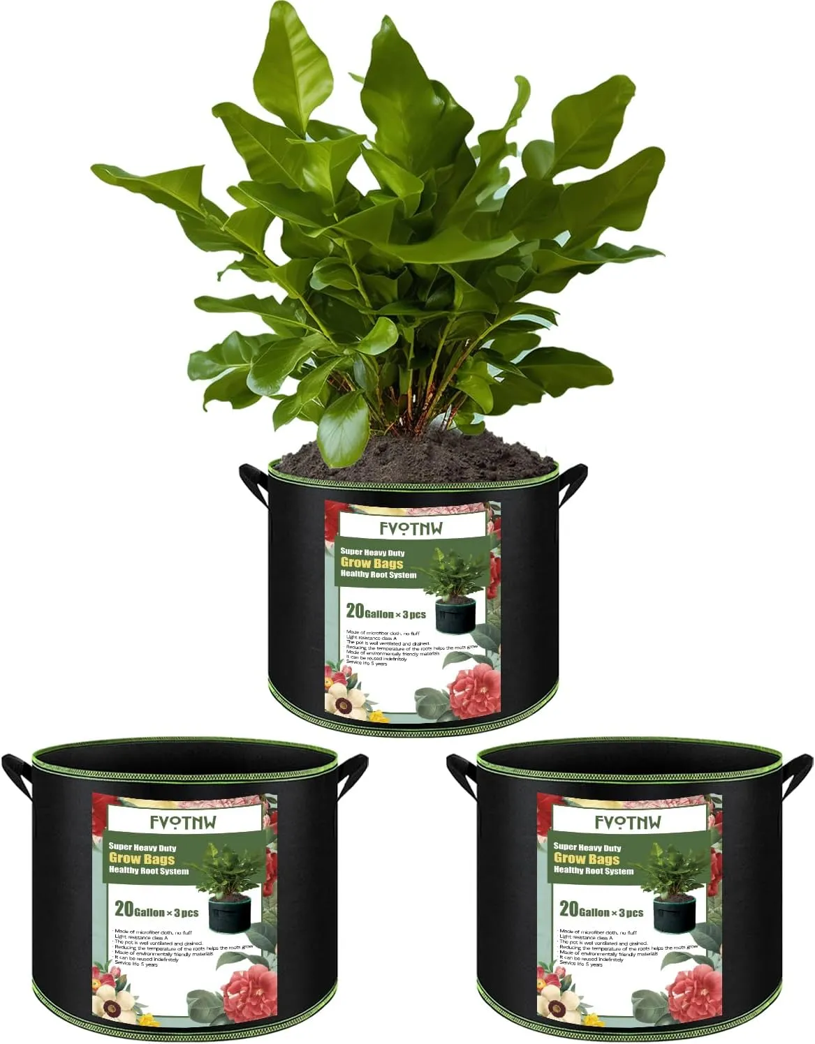 3-Pack 20 Gallon Grow Bags, Thickened Nonwoven Fabric Pots with Handles,Durable Garden Planters Aeration Gardening Container to for Plants, Vegetables, and Flowers