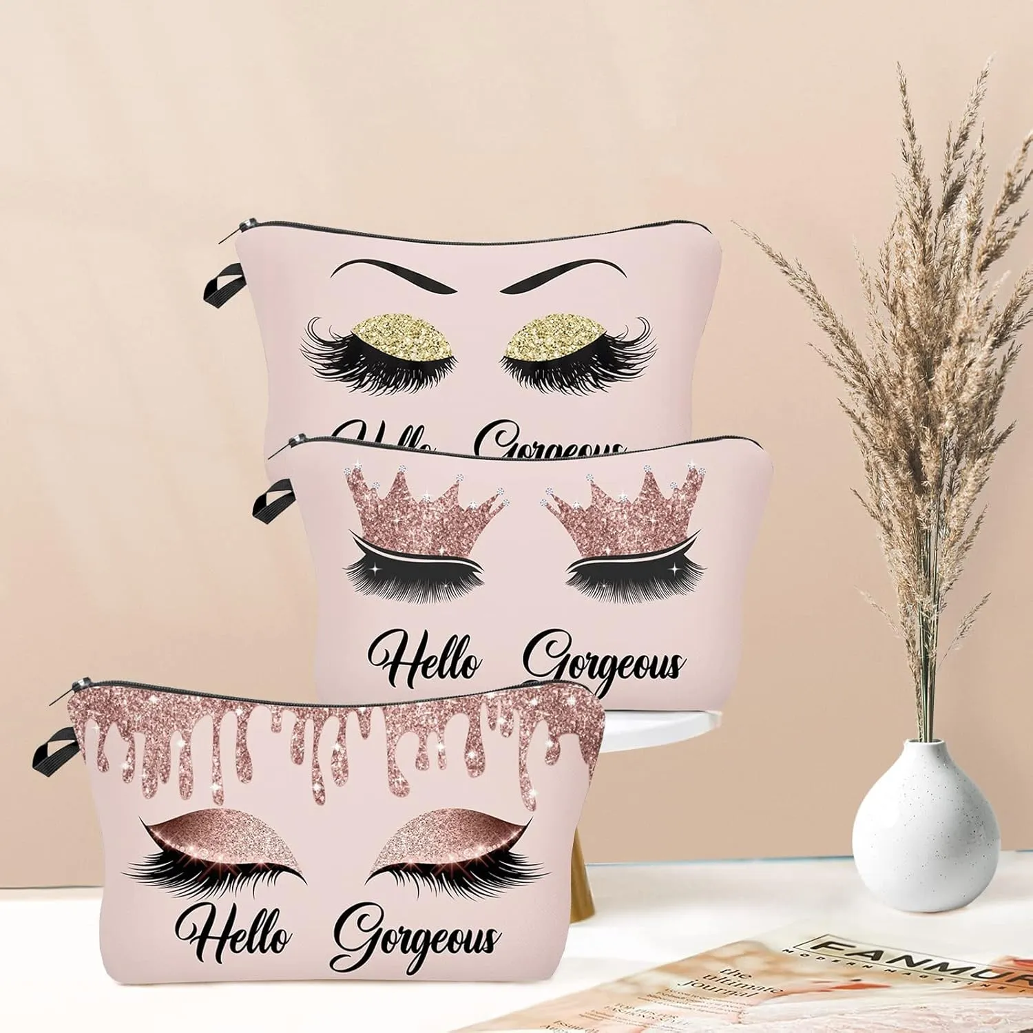 3 Pack Hello Gorgeous Funny Makeup Bag Gift for Women Inspirational Cosmetics Pouch for Purse Travel Bag Cases for Toiletries Accessories Organizer