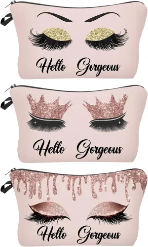 3 Pack Hello Gorgeous Funny Makeup Bag Gift for Women Inspirational Cosmetics Pouch for Purse Travel Bag Cases for Toiletries Accessories Organizer