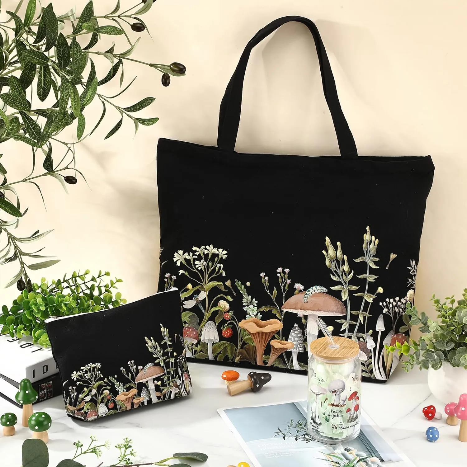 3 Pcs Plant Lover Gifts for Women,Floral Themed Gifts for Gardeners,Mom,Aesthetic Flower Canvas Tote Bag,16 oz Coffee Cup with Straw Lid,Makeup Bag for Baby Shower,Wedding(Black,Mushroom)