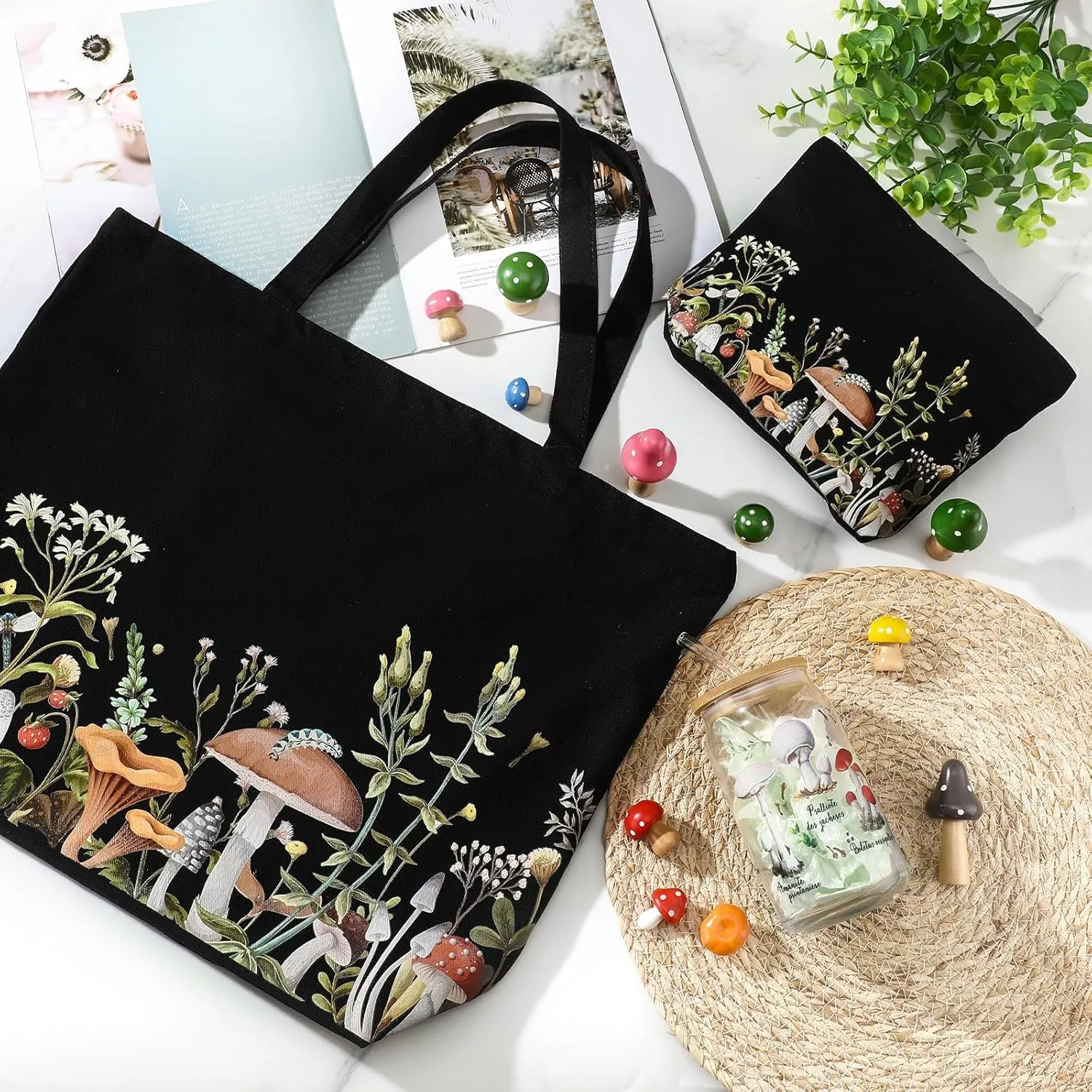 3 Pcs Plant Lover Gifts for Women,Floral Themed Gifts for Gardeners,Mom,Aesthetic Flower Canvas Tote Bag,16 oz Coffee Cup with Straw Lid,Makeup Bag for Baby Shower,Wedding(Black,Mushroom)