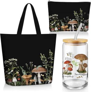 3 Pcs Plant Lover Gifts for Women,Floral Themed Gifts for Gardeners,Mom,Aesthetic Flower Canvas Tote Bag,16 oz Coffee Cup with Straw Lid,Makeup Bag for Baby Shower,Wedding(Black,Mushroom)