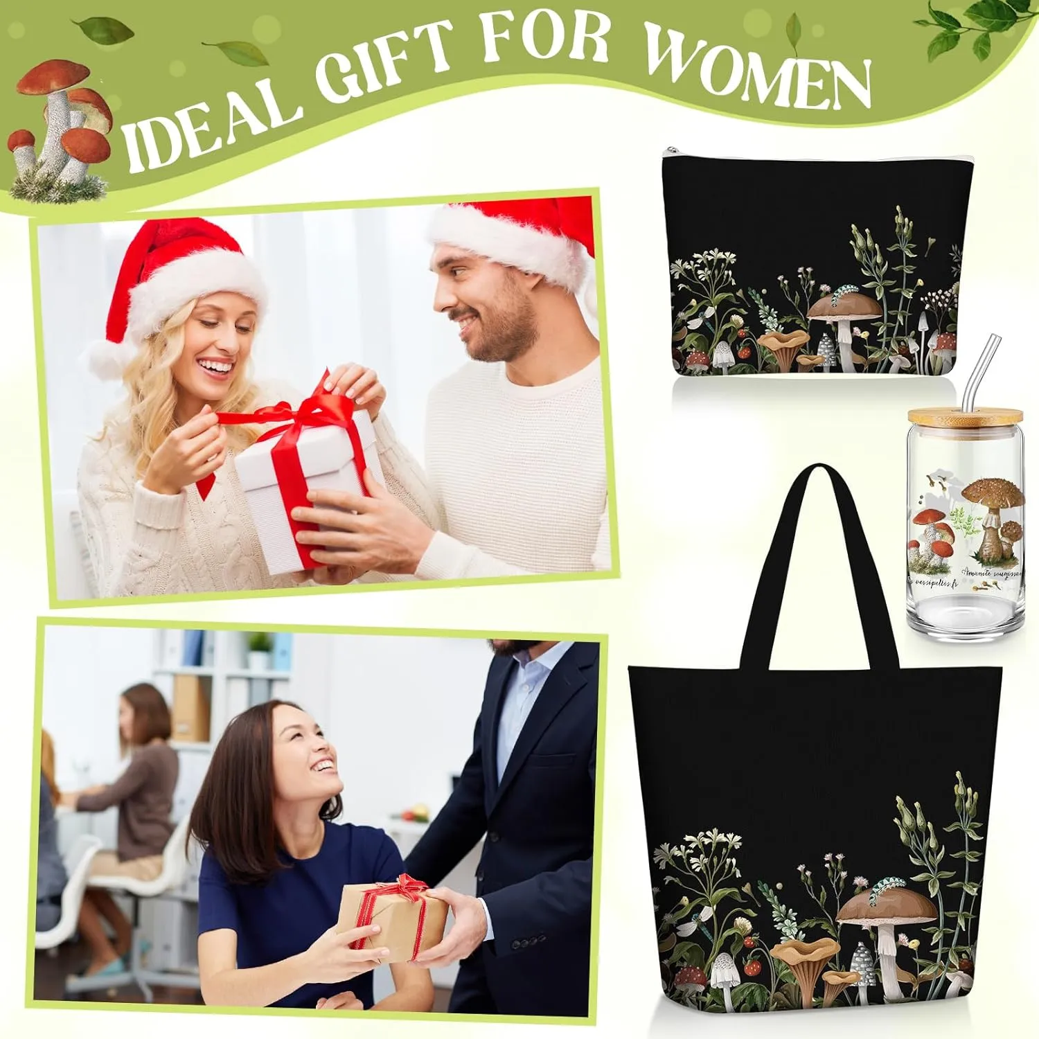 3 Pcs Plant Lover Gifts for Women,Floral Themed Gifts for Gardeners,Mom,Aesthetic Flower Canvas Tote Bag,16 oz Coffee Cup with Straw Lid,Makeup Bag for Baby Shower,Wedding(Black,Mushroom)