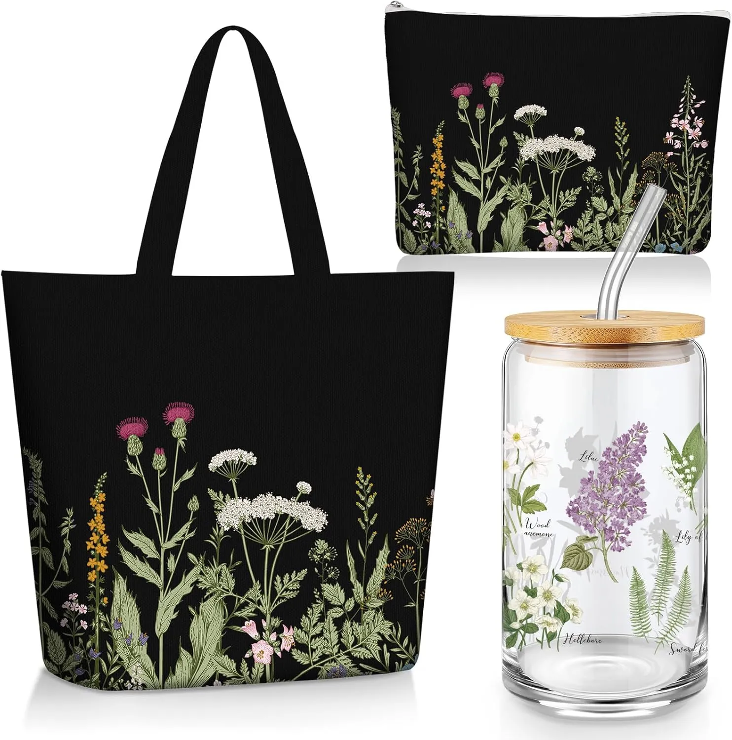 3 Pcs Plant Lover Gifts for Women,Spring Mother's Day Gift Set,Aesthetic Canvas Tote Bag,16 oz Iced Coffee Cup with Straw and Lid,Makeup Bag,Gardener Set for Mom,Teacher,Nurse(Black,Flower)