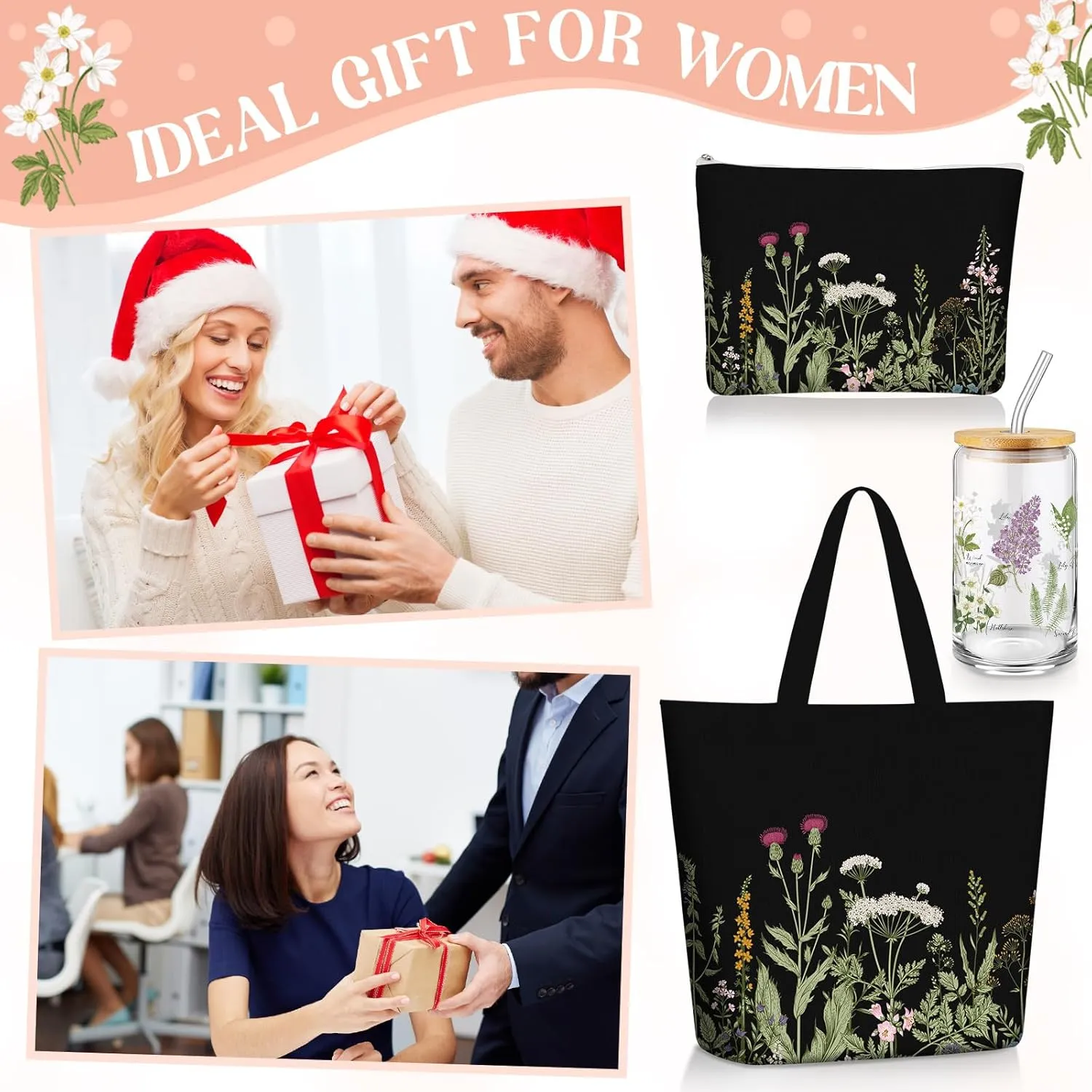 3 Pcs Plant Lover Gifts for Women,Spring Mother's Day Gift Set,Aesthetic Canvas Tote Bag,16 oz Iced Coffee Cup with Straw and Lid,Makeup Bag,Gardener Set for Mom,Teacher,Nurse(Black,Flower)