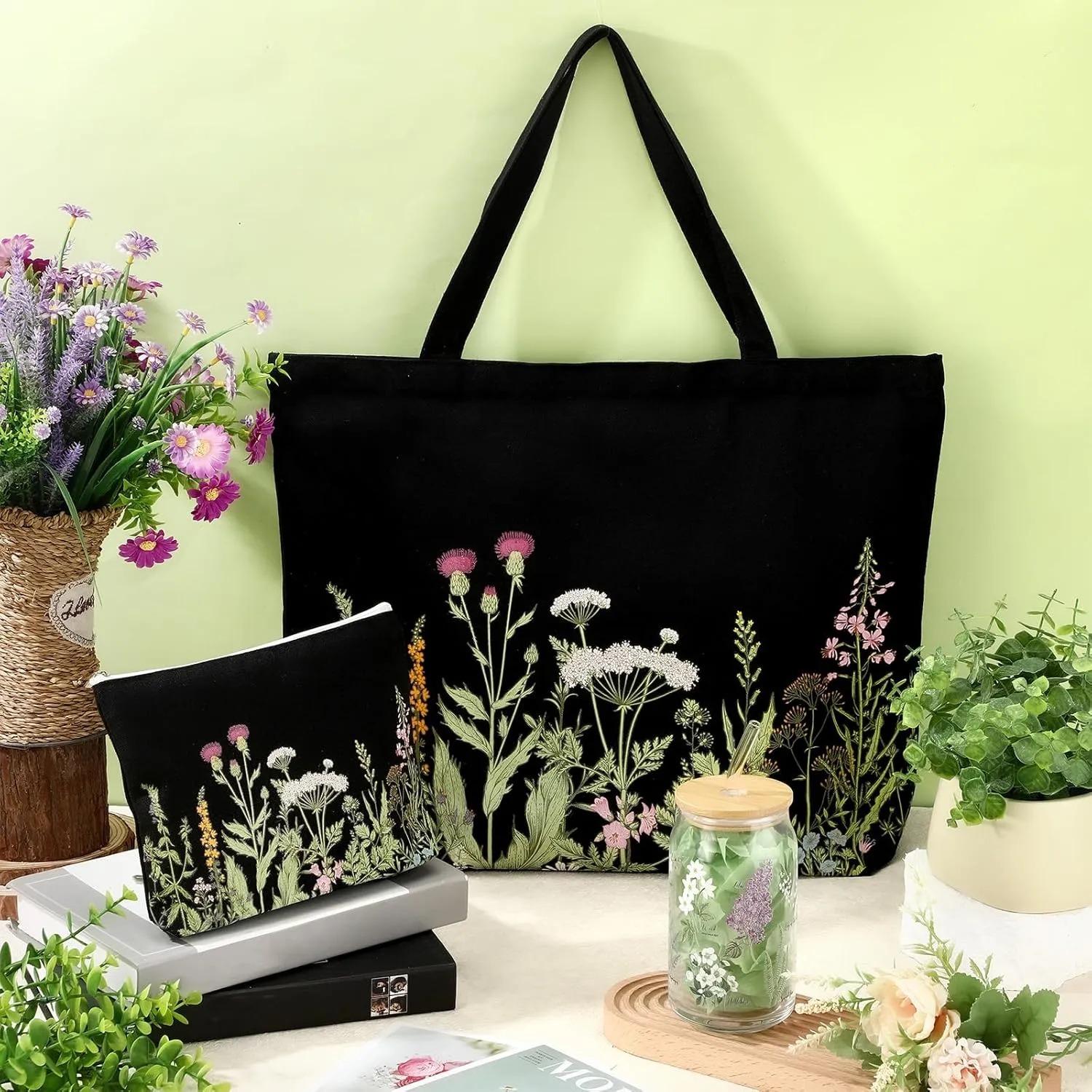 3 Pcs Plant Lover Gifts for Women,Spring Mother's Day Gift Set,Aesthetic Canvas Tote Bag,16 oz Iced Coffee Cup with Straw and Lid,Makeup Bag,Gardener Set for Mom,Teacher,Nurse(Black,Flower)