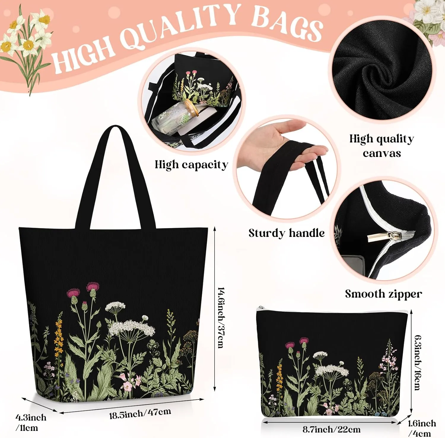 3 Pcs Plant Lover Gifts for Women,Spring Mother's Day Gift Set,Aesthetic Canvas Tote Bag,16 oz Iced Coffee Cup with Straw and Lid,Makeup Bag,Gardener Set for Mom,Teacher,Nurse(Black,Flower)