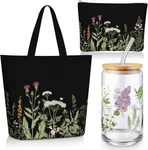 3 Pcs Plant Lover Gifts for Women,Spring Mother's Day Gift Set,Aesthetic Canvas Tote Bag,16 oz Iced Coffee Cup with Straw and Lid,Makeup Bag,Gardener Set for Mom,Teacher,Nurse(Black,Flower)