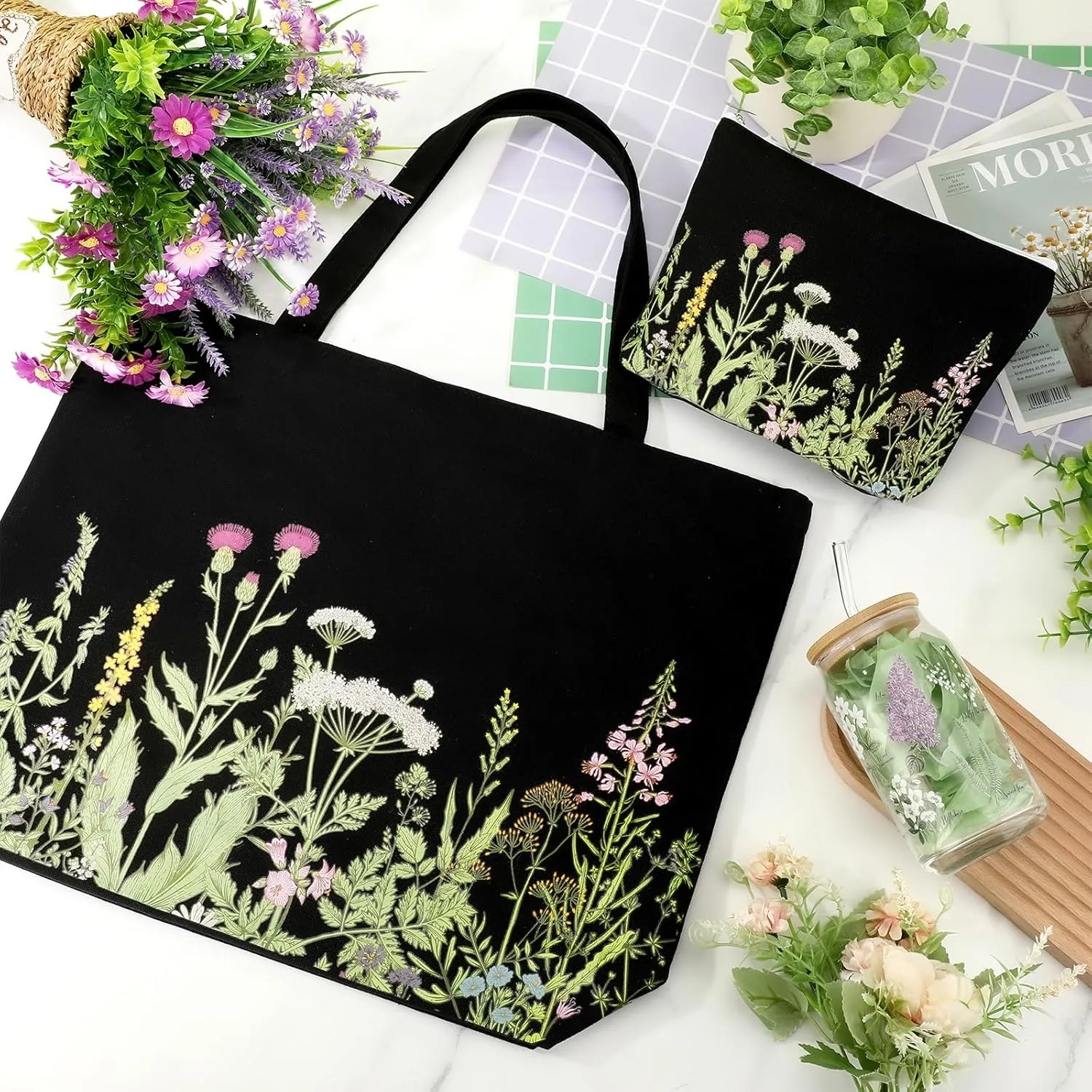 3 Pcs Plant Lover Gifts for Women,Spring Mother's Day Gift Set,Aesthetic Canvas Tote Bag,16 oz Iced Coffee Cup with Straw and Lid,Makeup Bag,Gardener Set for Mom,Teacher,Nurse(Black,Flower)