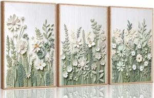 3 Pcs Sage Green Wildflowers Canvas Wall Art Neutral Minimalist Abstract Boho Floral Botanical Painting Pictures Wall Decor Poster Print Artwork for Living Room Bedroom Home Decoration Unframed