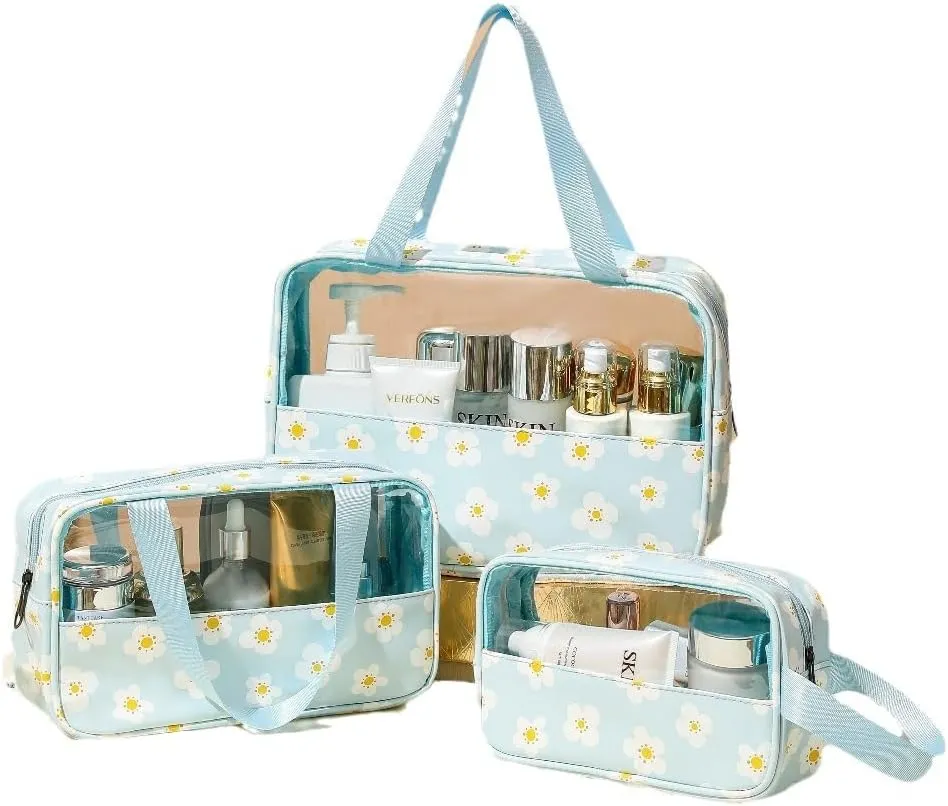 3-Pieces Clear Cosmetics Bag Transparent PVC Travel Pouch Makeup Organizer Water Proof Cases, Set of 3 (Blue Flower)