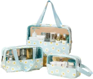 3-Pieces Clear Cosmetics Bag Transparent PVC Travel Pouch Makeup Organizer Water Proof Cases, Set of 3 (Blue Flower)