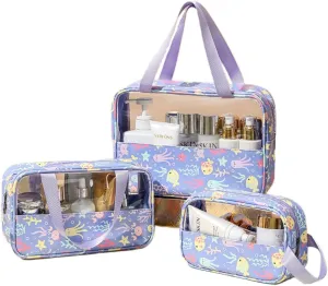 3-Pieces Clear Cosmetics Bag Transparent PVC Travel Pouch Makeup Organizer Water Proof Cases, Set of 3 (Purple Octopus)