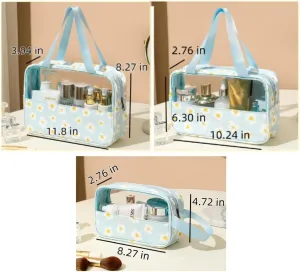 3-Pieces Clear Cosmetics Bag Transparent PVC Travel Pouch Makeup Organizer Water Proof Cases, Set of 3 (Yellow Flower)