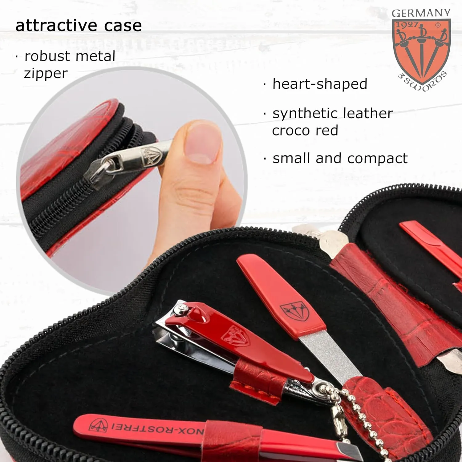 3 Swords Germany - brand quality 5 piece manicure pedicure grooming kit set for professional finger & toe nail care tweezers file clipper fashion leather case in gift box, Made by 3 Swords (17719)