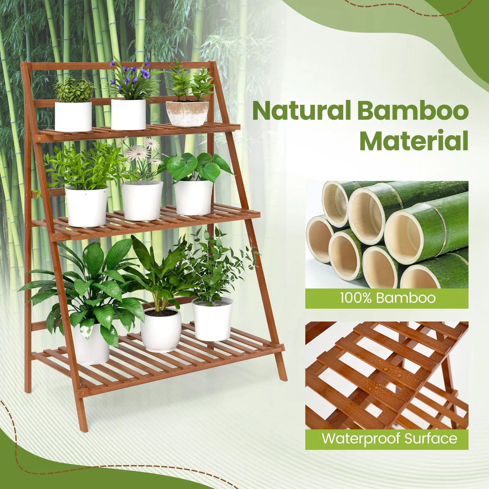 3-Tier Bamboo Ladder Shelf Foldable Plant Flower Bookshelf-Brown