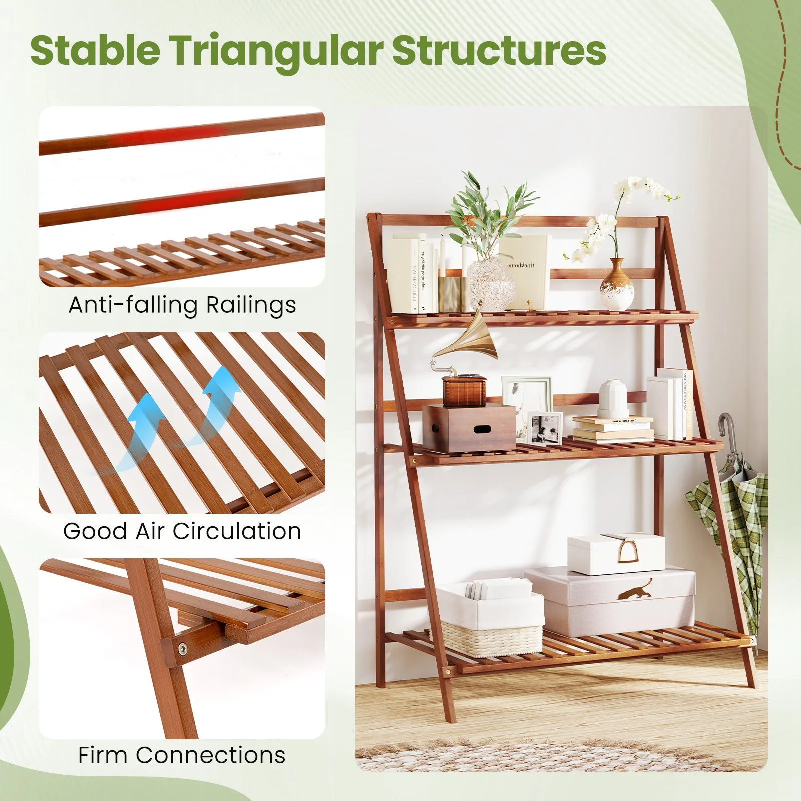 3-Tier Bamboo Ladder Shelf Foldable Plant Flower Bookshelf-Brown