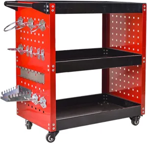 3-Tier Rolling Tool Cart, Heavy Duty, 360 Degree Rotating Wheels, 14 Hooks, 300lbs Load Capacity, Red