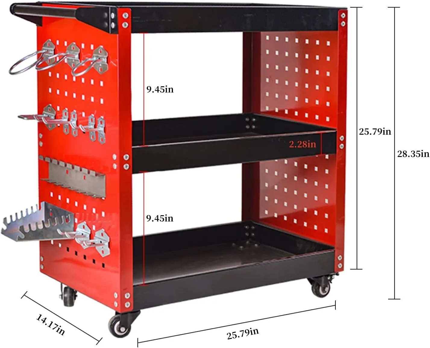 3-Tier Rolling Tool Cart, Heavy Duty, 360 Degree Rotating Wheels, 14 Hooks, 300lbs Load Capacity, Red