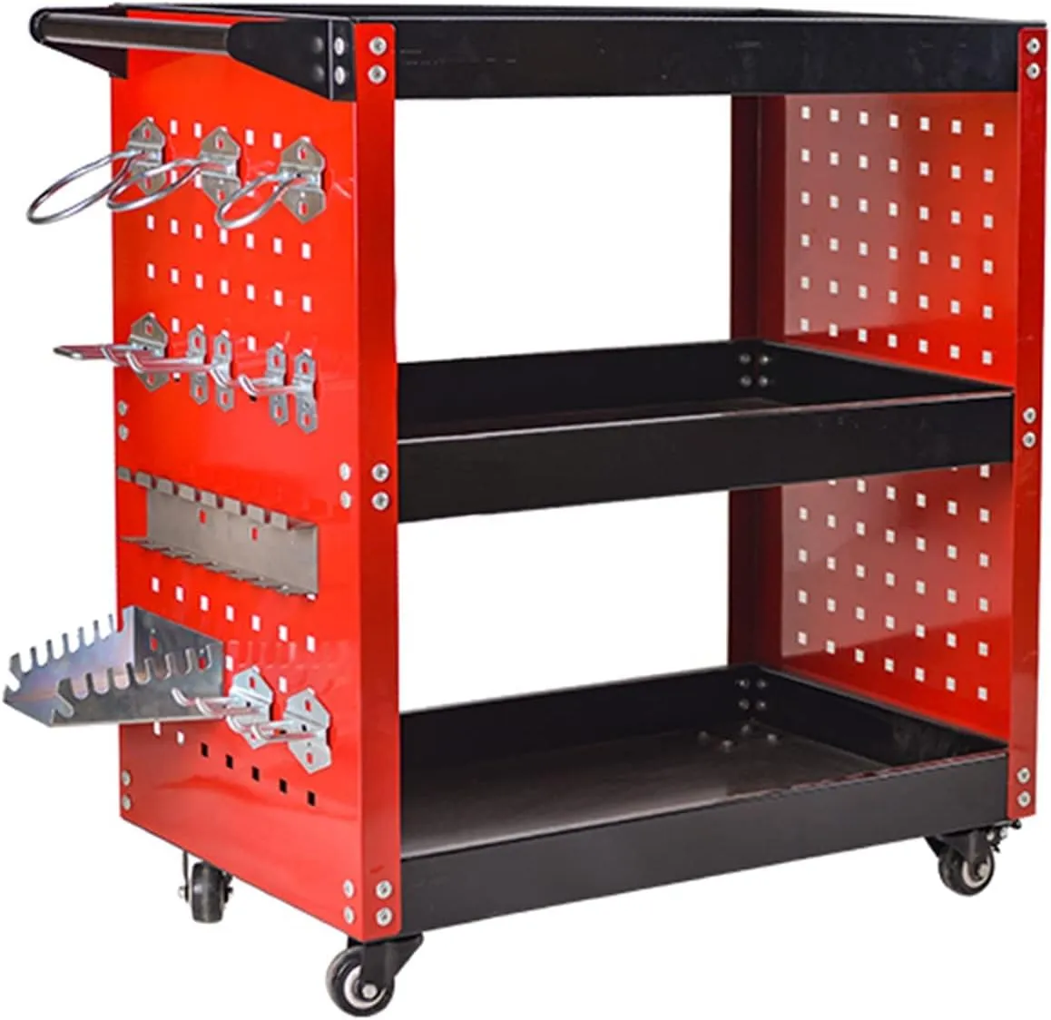 3-Tier Rolling Tool Cart, Heavy Duty, 360 Degree Rotating Wheels, 14 Hooks, 300lbs Load Capacity, Red