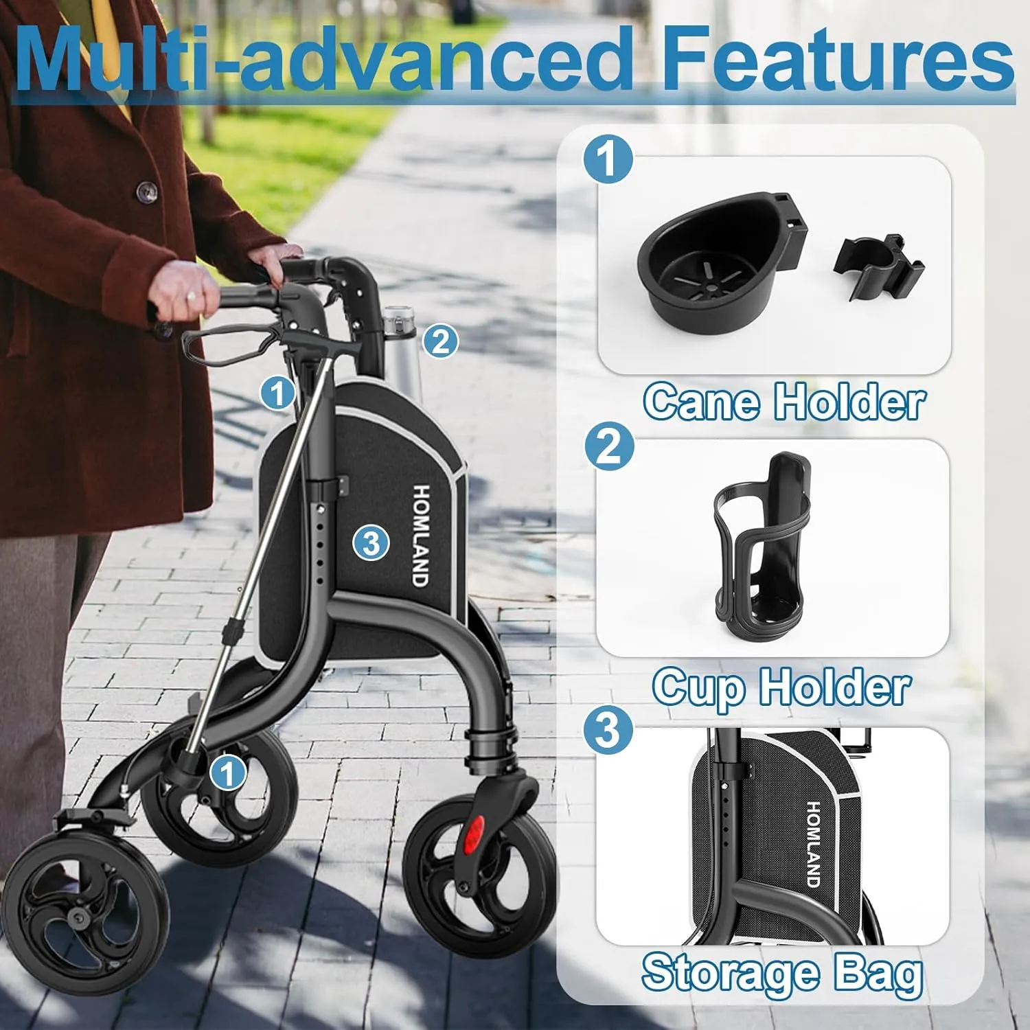 3 Wheel Walkers for Seniors, FSA/HSA Eligible Foldable Wheeled Rollator with Cane Hold and Cup Hold, Lightweight Three Wheel Rolling Walker Height Adjustable for Seniors