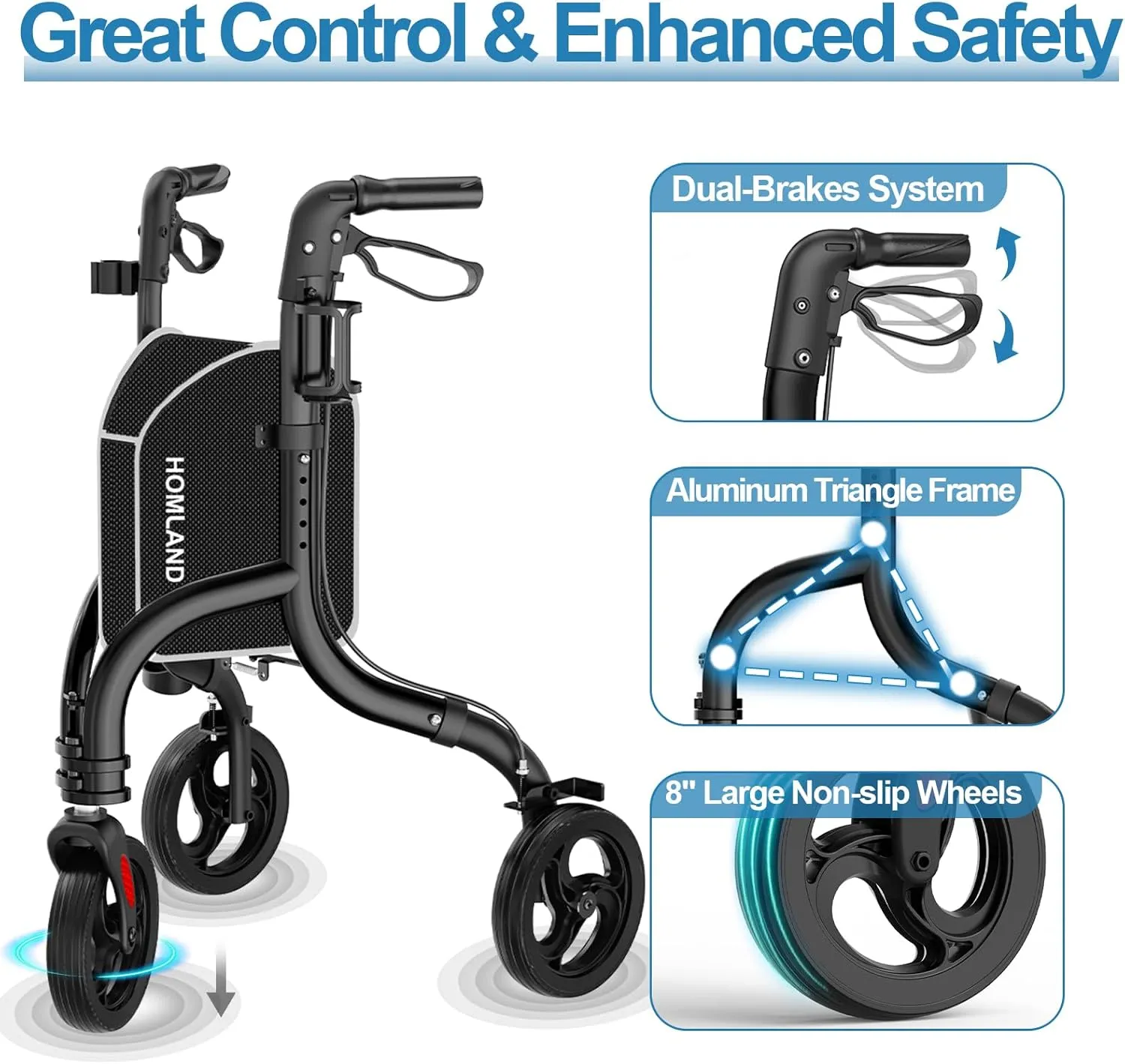 3 Wheel Walkers for Seniors, FSA/HSA Eligible Foldable Wheeled Rollator with Cane Hold and Cup Hold, Lightweight Three Wheel Rolling Walker Height Adjustable for Seniors