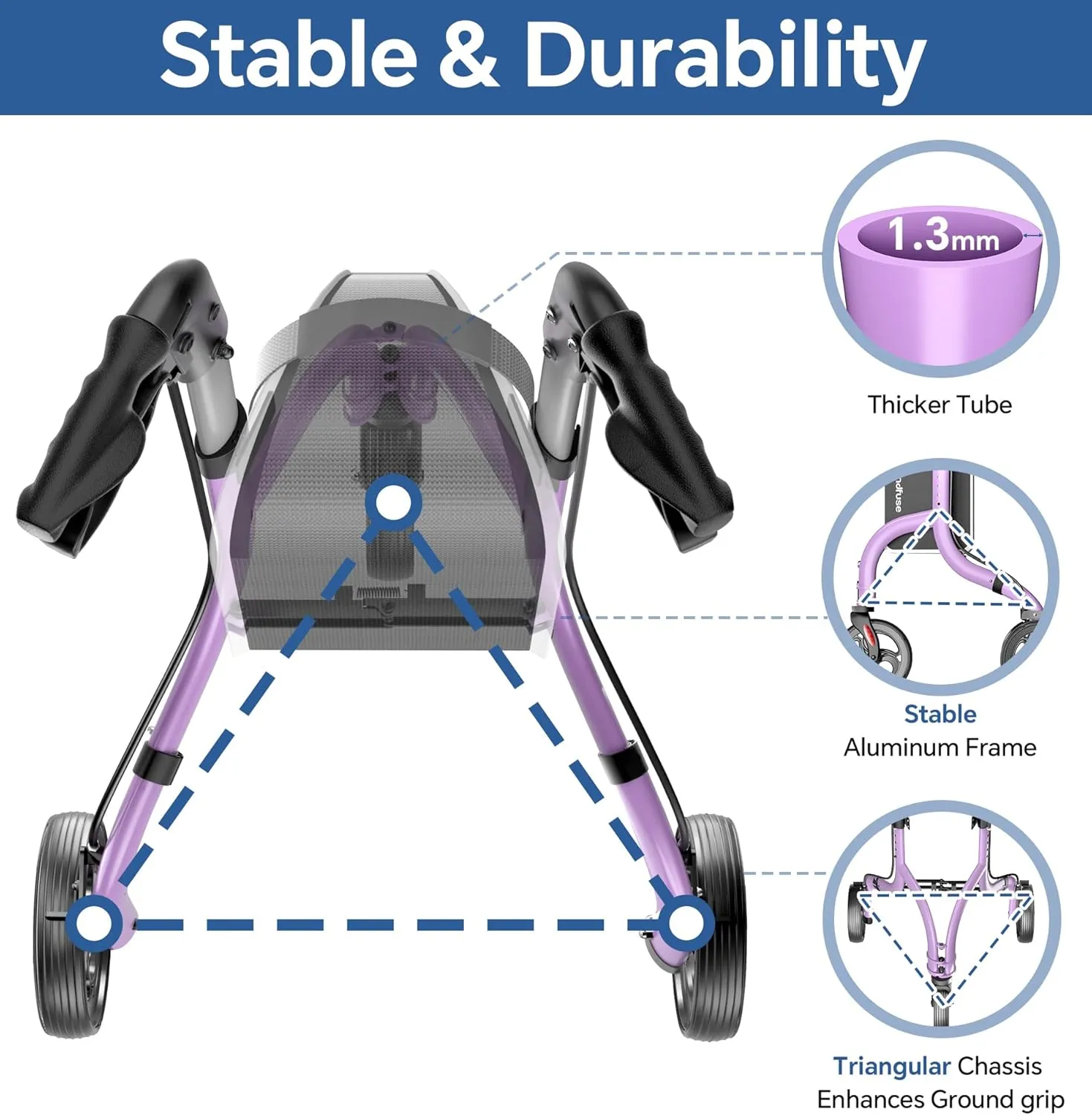 3 Wheel Walkers for Seniors, Lightweight Foldable Aluminum Rollator Walker, Height Adjustable Three Wheel Walker, FSA HSA Eligible, Purple