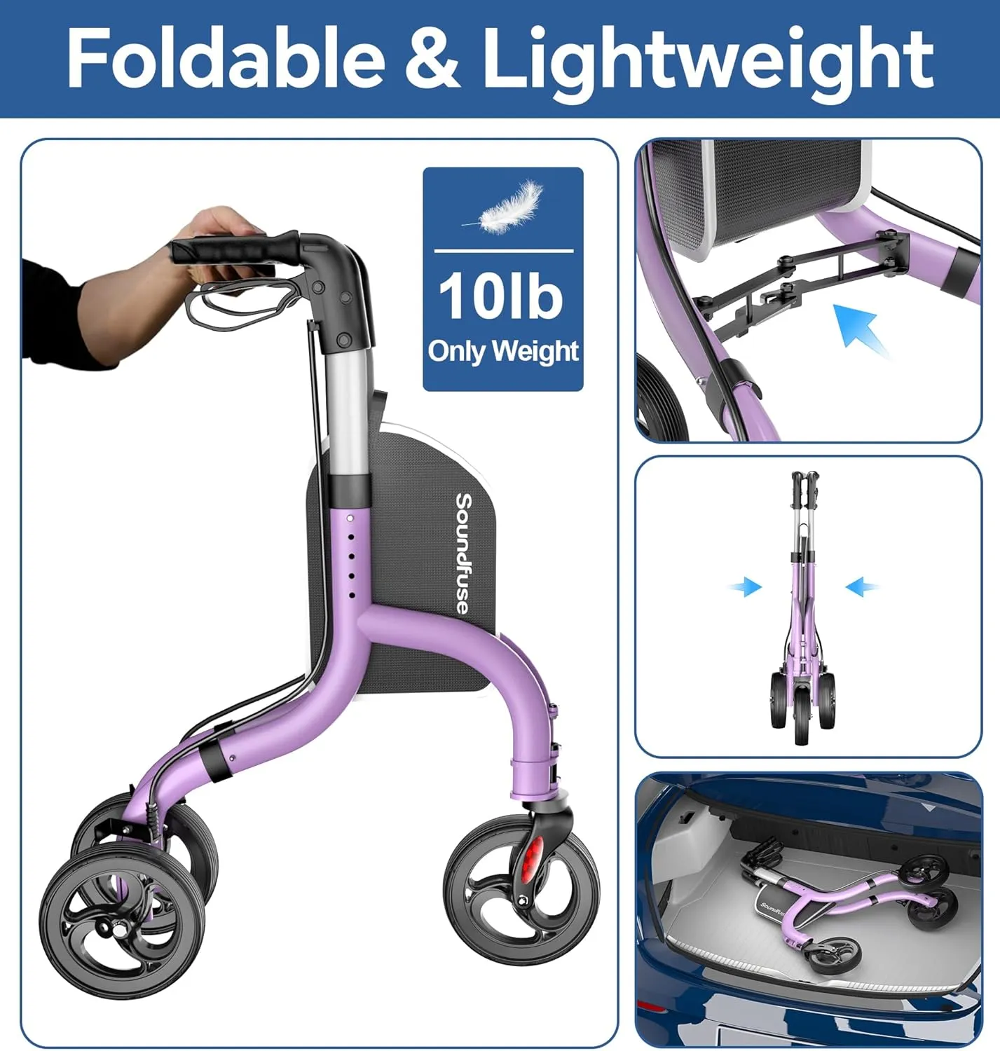 3 Wheel Walkers for Seniors, Lightweight Foldable Aluminum Rollator Walker, Height Adjustable Three Wheel Walker, FSA HSA Eligible, Purple