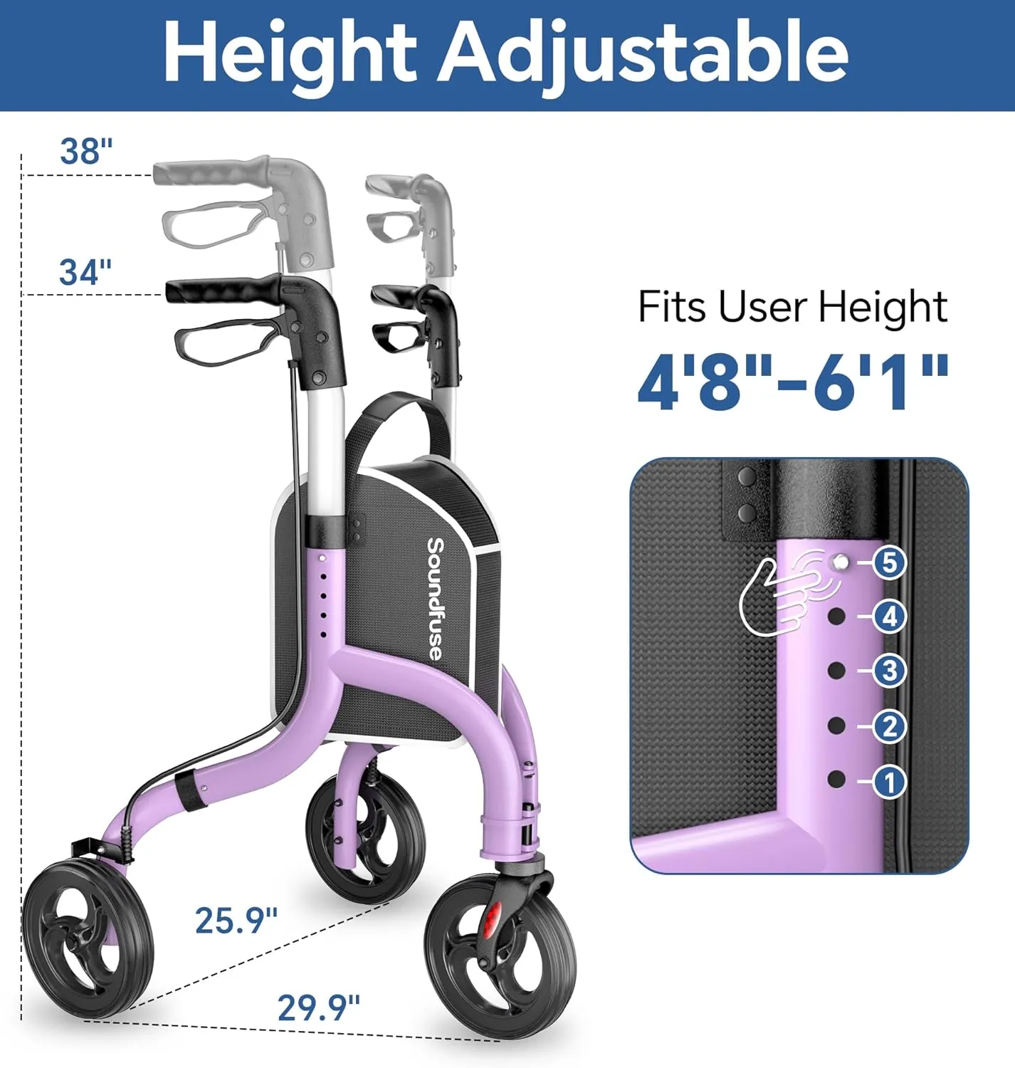 3 Wheel Walkers for Seniors, Lightweight Foldable Aluminum Rollator Walker, Height Adjustable Three Wheel Walker, FSA HSA Eligible, Purple