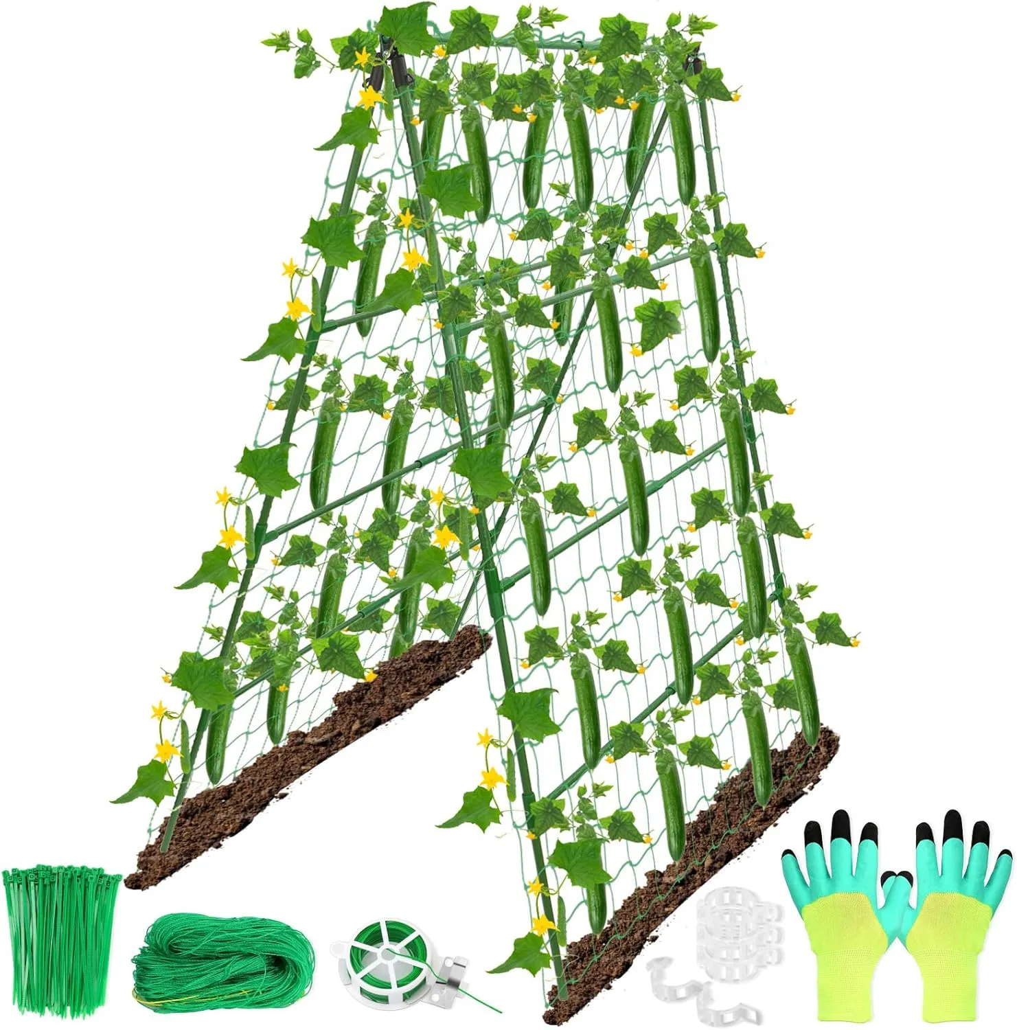 32 x 53 Inch Cucumber Trellis for Climbing Plants Outdoor A-Frame Garden Trellis for Raised Bed Detachable Sturdy Garden Plant Support Trellis for Small Plant Vegetable Flower Grape with Climbing Net