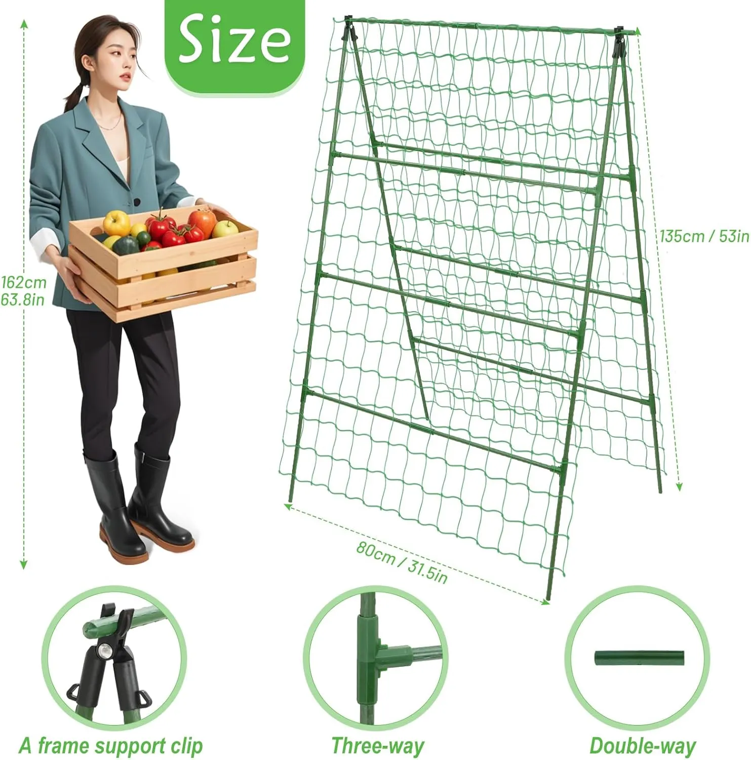 32 x 53 Inch Cucumber Trellis for Climbing Plants Outdoor A-Frame Garden Trellis for Raised Bed Detachable Sturdy Garden Plant Support Trellis for Small Plant Vegetable Flower Grape with Climbing Net
