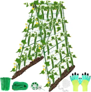 32 x 53 Inch Cucumber Trellis for Climbing Plants Outdoor A-Frame Garden Trellis for Raised Bed Detachable Sturdy Garden Plant Support Trellis for Small Plant Vegetable Flower Grape with Climbing Net