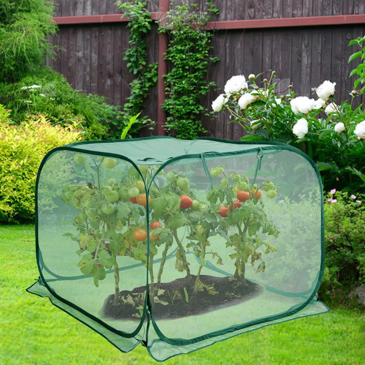 35" x 35" x 27.5" Pop Up Mesh Plant Cover, Foldable Plant Protector Mesh Plant Enclosure, Garden Net Cage Guard Cover with 4 Ground Stakes for Protecting Plant Vegetable Fruit from Birds Insects