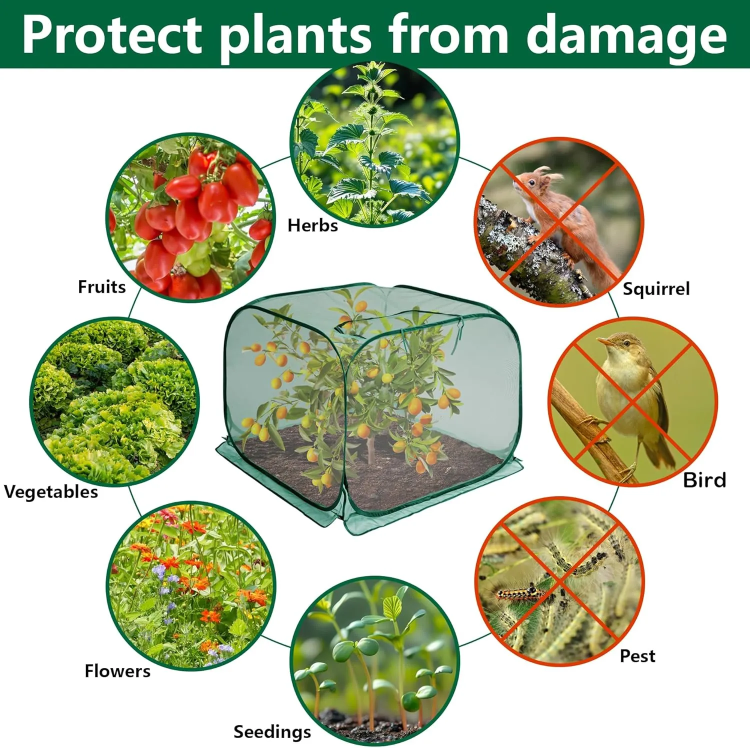 35" x 35" x 27.5" Pop Up Mesh Plant Cover, Foldable Plant Protector Mesh Plant Enclosure, Garden Net Cage Guard Cover with 4 Ground Stakes for Protecting Plant Vegetable Fruit from Birds Insects