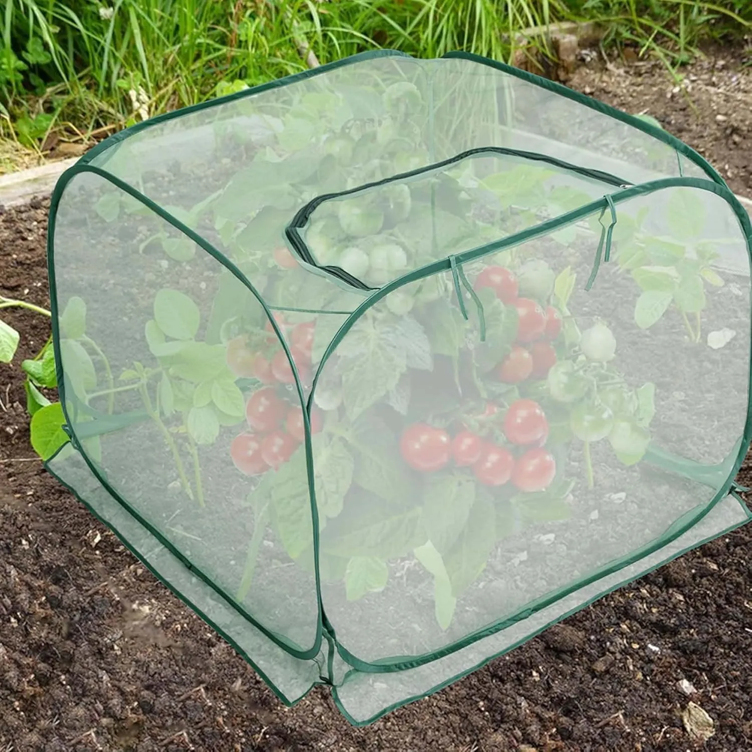 35" x 35" x 27.5" Pop Up Mesh Plant Cover, Foldable Plant Protector Mesh Plant Enclosure, Garden Net Cage Guard Cover with 4 Ground Stakes for Protecting Plant Vegetable Fruit from Birds Insects