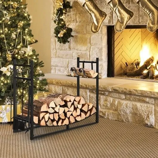 36 Inch Fireplace Log Holder with Kindling Holders and Shovel - Color: Black - S