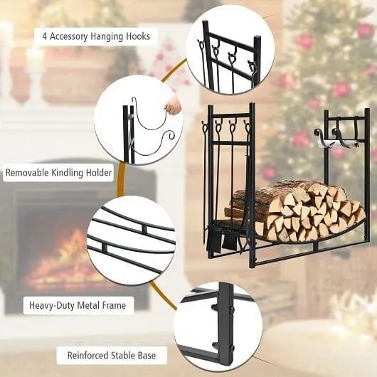 36 Inch Fireplace Log Holder with Kindling Holders and Shovel - Color: Black - S