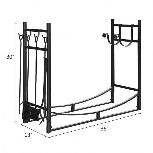 36 Inch Fireplace Log Holder with Kindling Holders and Shovel - Color: Black - S