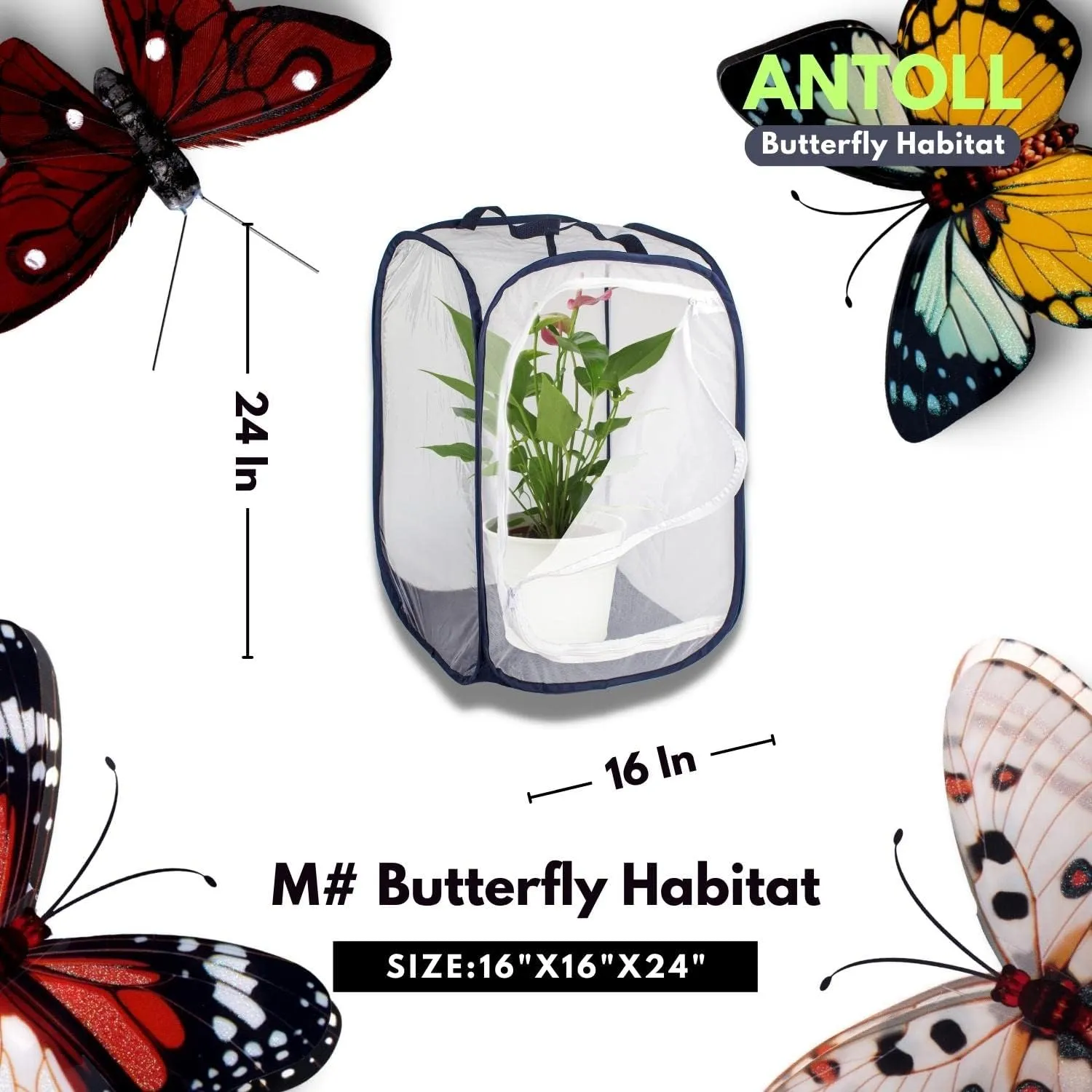 3Pcs 24" M Size Blue Butterfly Habitat Cage, Monarch Habitat, Butterfly for Caterpillars, Flying Insect Mesh Cage, Outdoor Observation Plant, Pop-Up Open Size: 16"x16"x24"